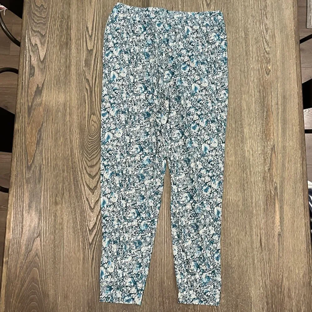 NWOT J. Jill Jogger Pants Floral High Rise Elastic Waist Blue White Size S